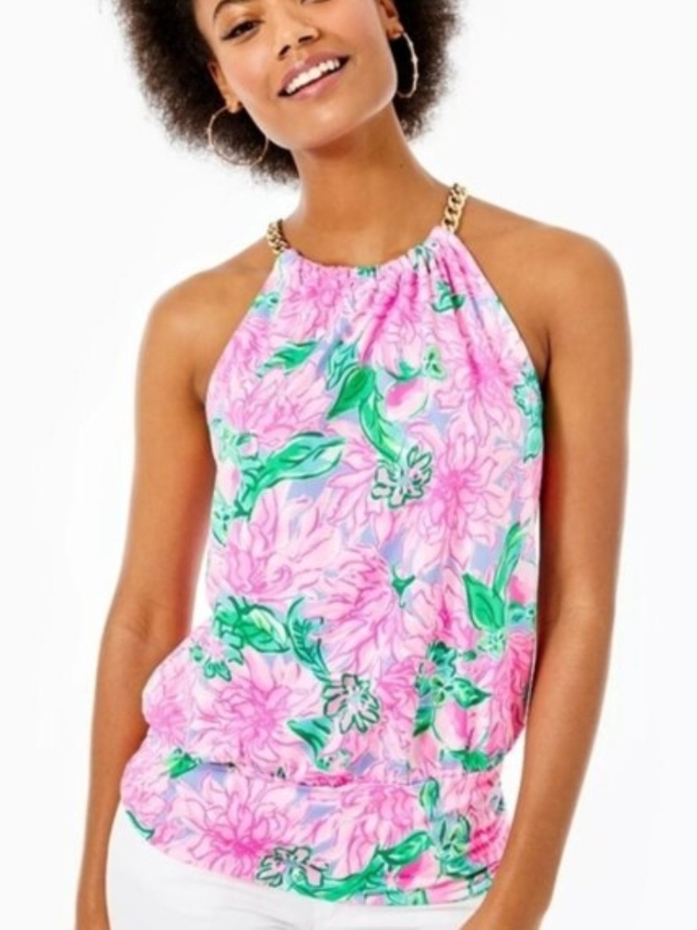 Lilly Pulitzer Pink Floral Halter with Gold Accent Straps